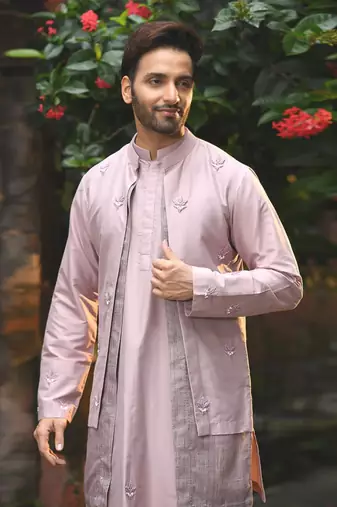 Mauvish Hand Embroidery Stylish Double Layer Kurta With Full Open Jacket Set