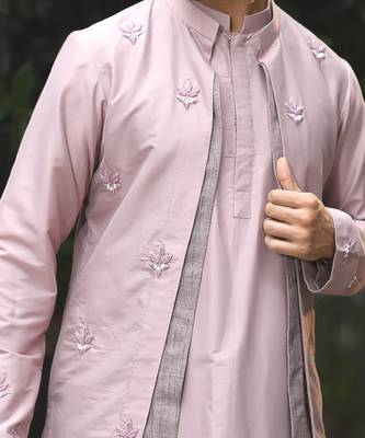 Mauvish Hand Embroidery Stylish Double Layer Kurta With Full Open Jacket Set 4