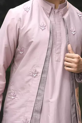Mauvish Hand Embroidery Stylish Double Layer Kurta With Full Open Jacket Set