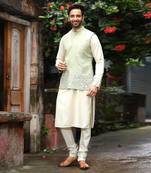 Powder Green Gemotrical Cord Embroidered Kurta And Bundi Set