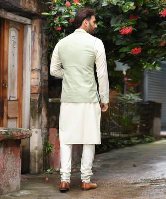 Powder Green Gemotrical Cord Embroidered Kurta And Bundi Set 2