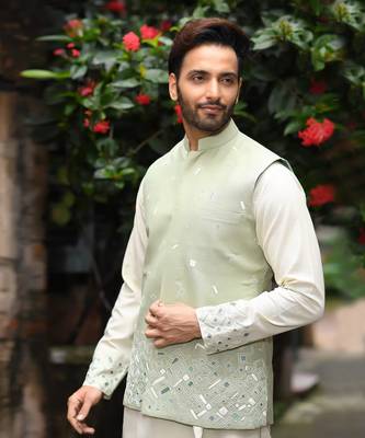 Powder Green Gemotrical Cord Embroidered Kurta And Bundi Set 3