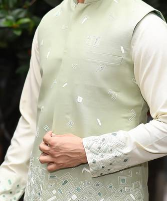Powder Green Gemotrical Cord Embroidered Kurta And Bundi Set 4