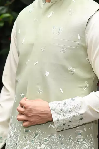 Powder Green Gemotrical Cord Embroidered Kurta And Bundi Set