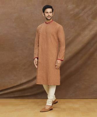Brown Shadow Embroidery Kurta With Churidar Set 1