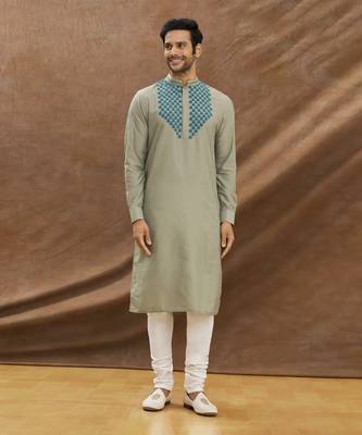 Grey Kurta With Applique Work On The Yoke With Churidar Set 1