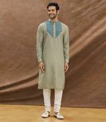 Grey Kurta With Applique Work On The Yoke With Churidar Set