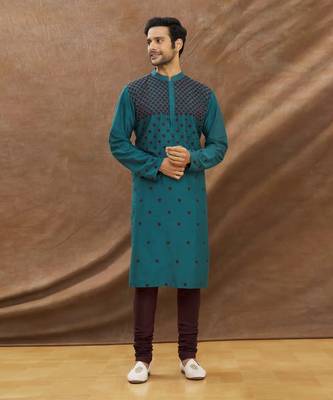 Teal Blue Kurta With Applique Work All Over With Churidar Set 1