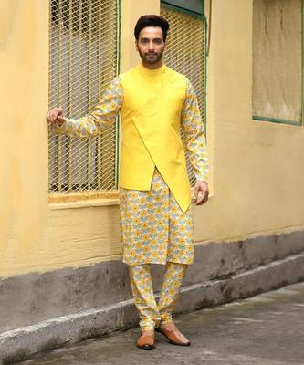 Yellow Floral Printed Kurta With Asymmertical Bundi With Churidar Set 1
