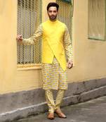 Yellow Floral Printed Kurta With Asymmertical Bundi With Churidar Set