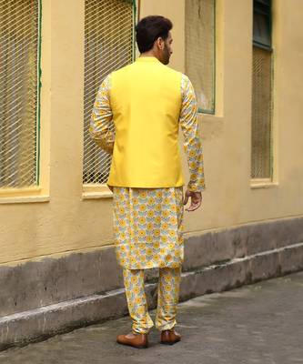 Yellow Floral Printed Kurta With Asymmertical Bundi With Churidar Set 2