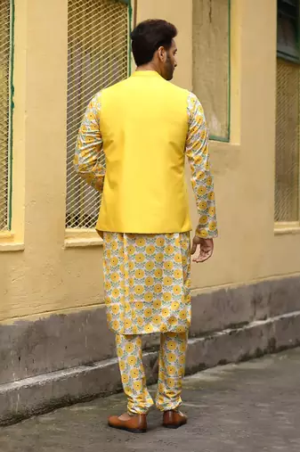 Yellow Floral Printed Kurta With Asymmertical Bundi With Churidar Set