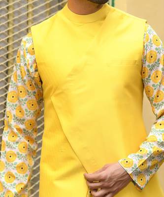 Yellow Floral Printed Kurta With Asymmertical Bundi With Churidar Set 3