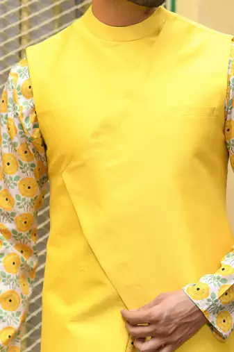 Yellow Floral Printed Kurta With Asymmertical Bundi With Churidar Set