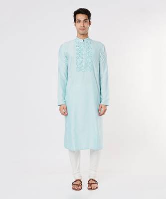 Aqua Blue Embroidered And Stitchline Kurta Set 1
