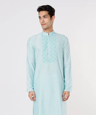 Aqua Blue Embroidered And Stitchline Kurta Set 3
