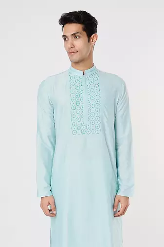 Aqua Blue Embroidered And Stitchline Kurta Set