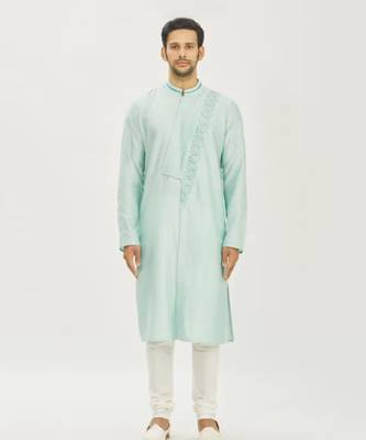 Aqua Blue Gemetrical Embroidered With Pleating Kurta Set 1