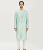 Aqua Blue Gemetrical Embroidered With Pleating Kurta Set