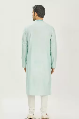 Aqua Blue Gemetrical Embroidered With Pleating Kurta Set