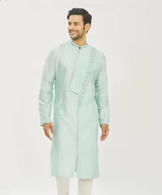 Aqua Blue Gemetrical Embroidered With Pleating Kurta Set 3