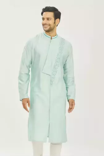 Aqua Blue Gemetrical Embroidered With Pleating Kurta Set