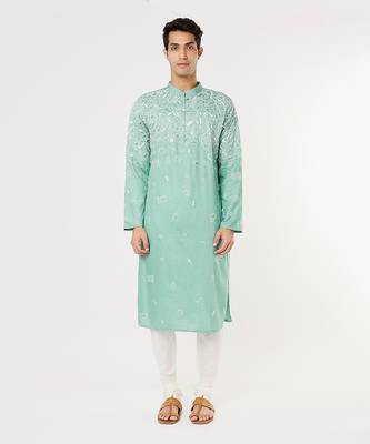 Dark Aqua Blue Gemotrical Cord Embroidered Kurta Set 1