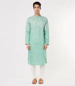 Dark Aqua Blue Gemotrical Cord Embroidered Kurta Set