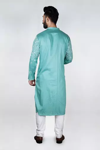Dark Aqua Blue Gemotrical Cord Embroidered Kurta Set