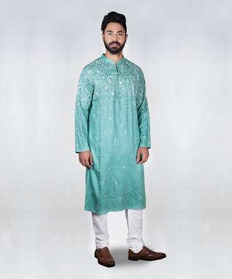 Dark Aqua Blue Gemotrical Cord Embroidered Kurta Set 3