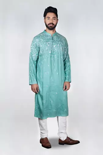 Dark Aqua Blue Gemotrical Cord Embroidered Kurta Set