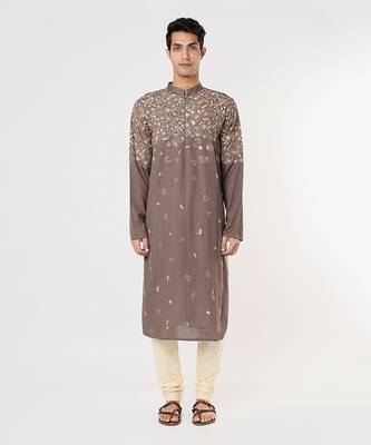 Dark Brwown Blue Gemotrical Cord Embroidered Kurta Set 1