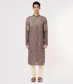 Dark Brwown Blue Gemotrical Cord Embroidered Kurta Set