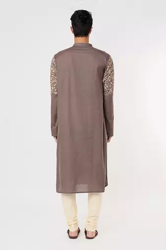 Dark Brwown Blue Gemotrical Cord Embroidered Kurta Set