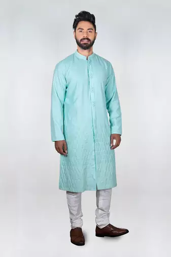 Light Blue Front Open With Cord Embroidered Kurta Set