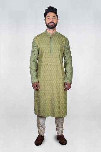 Olive Green Heavy Katha Embroidered Zal Kurta Set