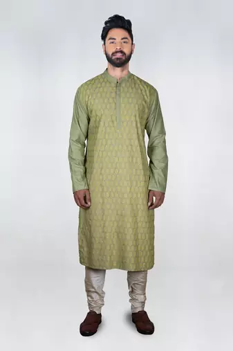 Olive Green Heavy Katha Embroidered Zal Kurta Set