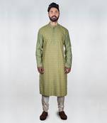 Olive Green Heavy Katha Embroidered Zal Kurta Set