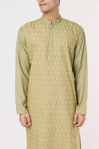 Olive Green Heavy Katha Embroidered Zal Kurta Set