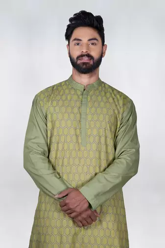 Olive Green Heavy Katha Embroidered Zal Kurta Set