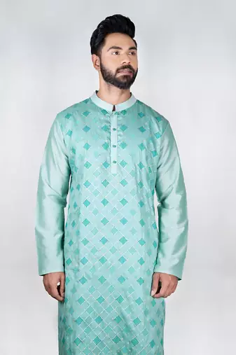 Light Aqua Blue Heavy Katha Embroidered Zal Kurta Set