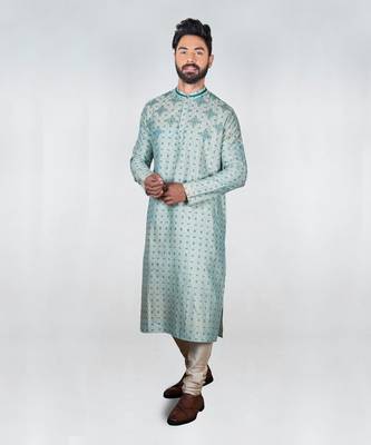 Aqua Blue Printed Embroidered Kurta Set 1