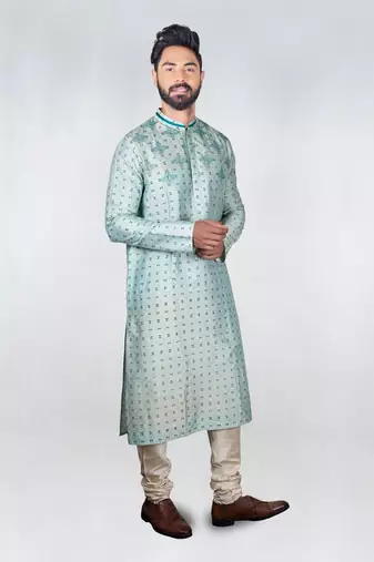 Aqua Blue Printed Embroidered Kurta Set