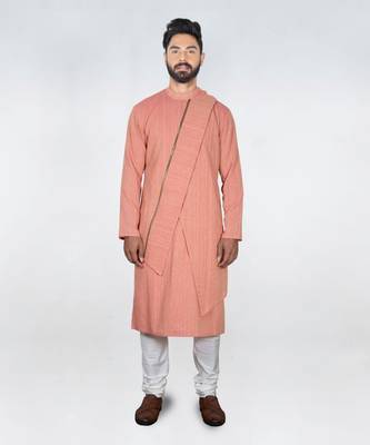 Deep Peach Self Design Stylish Asytmmatrical  Kurta Set 1