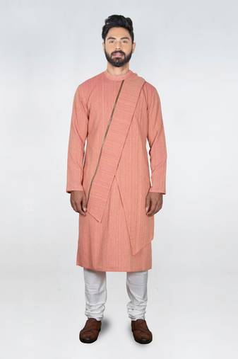 Deep Peach Self Design Stylish Asytmmatrical  Kurta Set