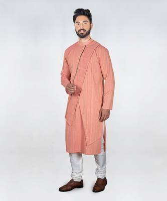 Deep Peach Self Design Stylish Asytmmatrical  Kurta Set 2