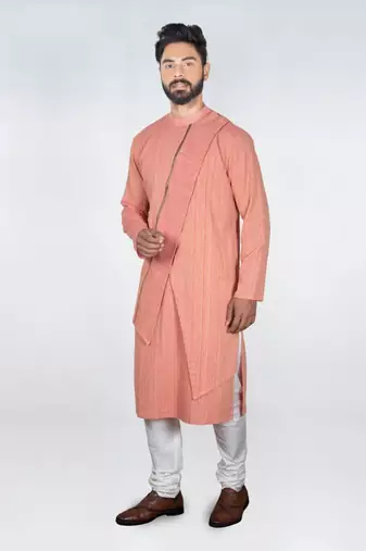 Deep Peach Self Design Stylish Asytmmatrical  Kurta Set