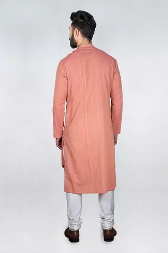 Deep Peach Self Design Stylish Asytmmatrical  Kurta Set