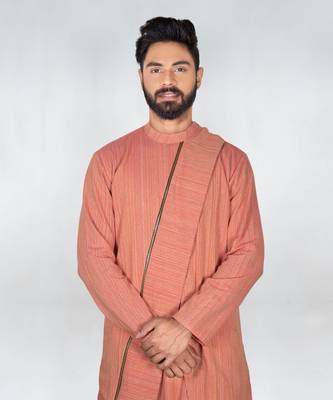 Deep Peach Self Design Stylish Asytmmatrical  Kurta Set 4