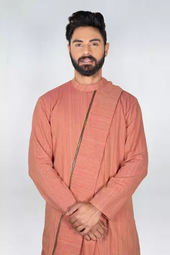 Deep Peach Self Design Stylish Asytmmatrical  Kurta Set